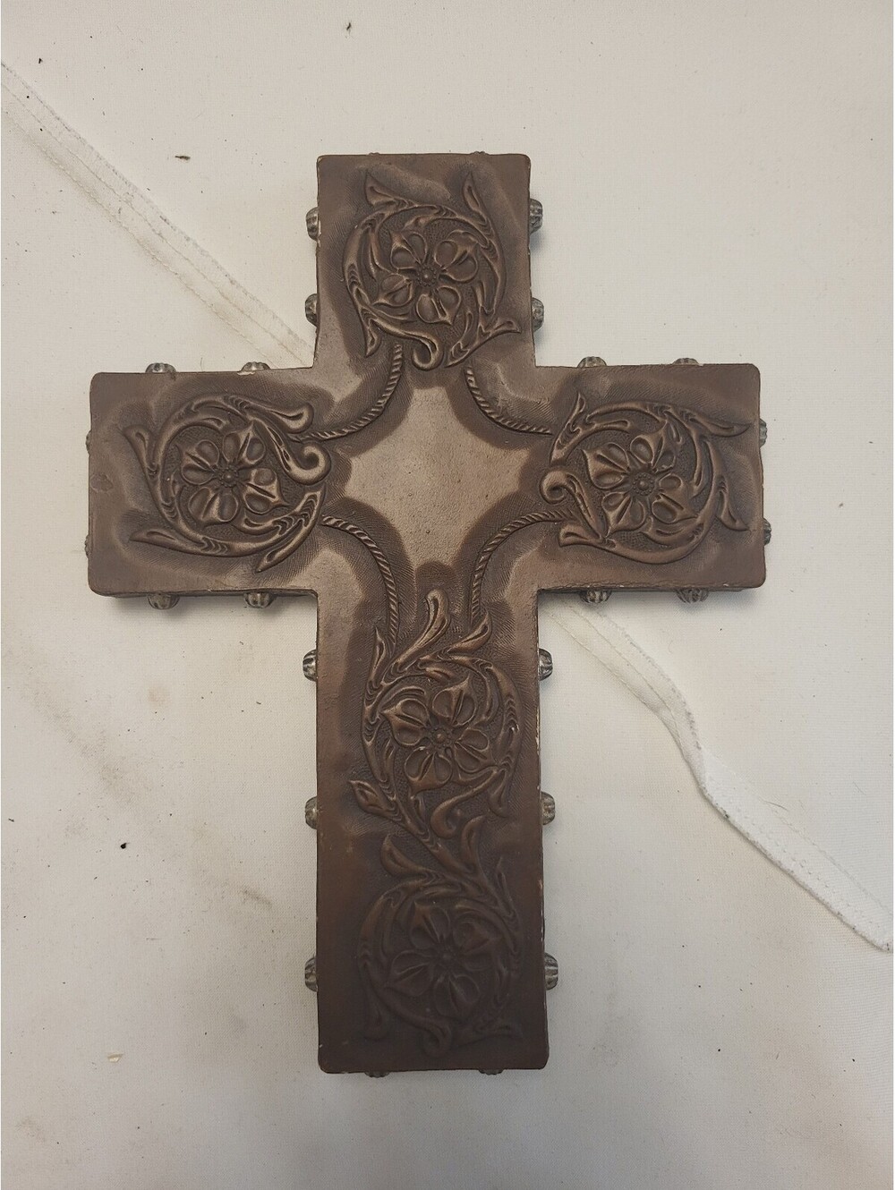 Vintage Decorative 9.5x7" Cross with Floral Embossed Design